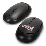 Astra Wireless Travel Mouse in black with a logo on the surface, featuring a scroll wheel and ergonomic design.