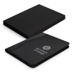 A black leather portfolio with a sleek design, featuring a logo on the front and an accompanying black box.