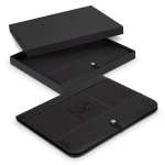 A black portfolio with a logo, displayed inside an open black box, showcasing its elegant design.