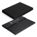 A black portfolio featuring a flap closure and an embossed logo, suitable for office and business use.