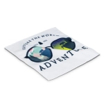 A square cloth featuring colourful sunglasses illustrations and text, primarily white with green, blue, and pink accents.