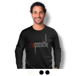 A man wearing a black long sleeve crew shirt with a design featuring the text "I'M possible" and a logo.