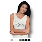 A woman models a cream tank top with a logo, featuring inspirational text. Available in multiple colours.