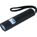 A black magnetic LED flashlight with a strap, featuring a slim design and bright white lights.