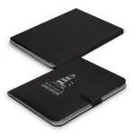 A black portfolio with a lighthouse design, featuring a secure strap closure and a sleek finish.