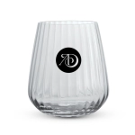 A clear, ribbed glass tumbler with a circular logo. Ideal for serving beverages.