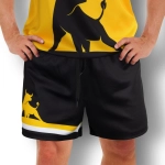 Custom men's AFL shorts in black, featuring a yellow design and a logo. Ideal for sports activities.