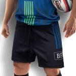 Custom men's rugby shorts in black, featuring blue stripes and a logo, paired with a rugby ball.