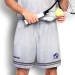 Custom men's tennis shorts in light grey featuring a logo and a striped waistband.