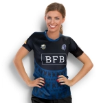 A performance rugby t-shirt for women in blue, featuring a logo and a modern design.
