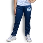 Custom kids' track pants in navy blue with white stripes and a logo. Suitable for active wear.