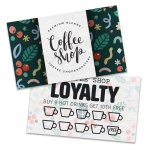 A loyalty card featuring vibrant colours, a coffee shop theme, and a decorative design with assorted patterns.