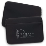 A black laptop sleeve featuring a logo on the front, with a smooth zip closure and a sleek design.