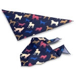 A medium pet bandana in navy blue featuring a colourful pattern of various dog silhouettes. Includes a logo.