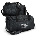 A black urban camouflage duffle bag with dual handles and a shoulder strap, featuring a logo.