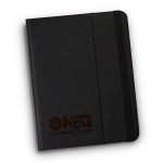 A sleek black tablet case with a textured finish and an embossed logo on the front.