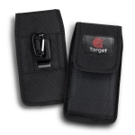 A black phone pouch with a clip and a branded logo, featuring a textured material and a flap closure.