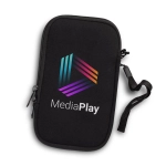 A black phone sleeve with a zip closure and a logo featuring multi-coloured diagonal stripes.