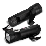 A black rechargeable torch with a wrist strap and a logo. The design includes a flashlight at one end.