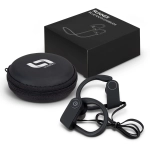 Runner Bluetooth earbuds in black with a small round carrying case and packaging. Earbuds have a distinctive design.