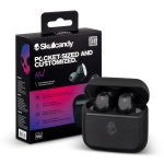 Black Skullcandy Mod TWS earbuds in a charging case, displayed with packaging showcasing its features and branding.