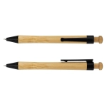A bamboo pen with black accents, featuring a clip and a rounded top. It has a natural wood texture.