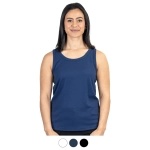 A women's sports tank top in navy blue, featuring a simple design and a logo.