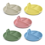 A set of five kids' plate sets in pastel colours: green, blue, pink, yellow, and beige, each with a matching spoon.