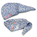 A blue floral hair towel with a pointed hood and a logo, featuring white daisies and yellow accents.