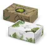 Two die cut boxes with locking lids in various designs, featuring green tropical leaves and fruit illustrations.