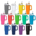 A drink bottle collection featuring various colours including grey, white, yellow, orange, pink, red, green, teal, purple, and black, with straws and lids.
