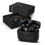 A set of black Swiss Peak ANC TWS earbuds presented in an open black box with foam padding.