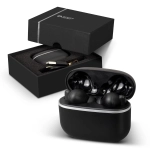 A pair of black Swiss Peak TWS Earbuds 2.0 in a black packaging box with an interior foam insert.