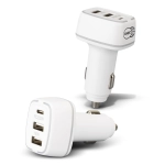 A white USB car charger with two ports, featuring a logo on one side and multiple USB outputs visible.