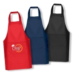 Three aprons in red, navy, and black, featuring a logo on the front pocket.