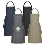 A collection of four Santini aprons in navy, grey, black, and olive green, each with a logo on the front.