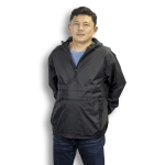 A black men's windbreaker jacket with a hood, showcasing a relaxed fit and a front pocket. Features a logo.
