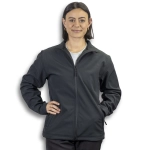 A unisex soft shell jacket in dark grey, featuring a zip front and pockets, worn by a person smiling.