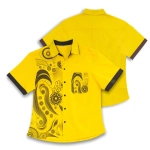 A bright yellow women's shirt with a patterned design on the front and black accents on the sleeves and collar.