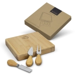 A square bamboo cheese board with three stainless steel knives, featuring wooden handles and a branded packaging box.