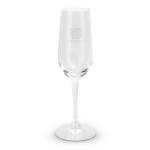 A clear champagne flute featuring a tall stem and a branded logo, perfectly suited for celebrations.
