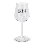 A clear wine glass with a tapered bowl and a long stem, featuring a logo on the front.