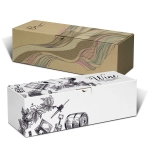A die cut box with a locking lid, featuring a white and brown design with illustrations and branding.