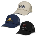 Three trucker caps in beige, navy, and black, each featuring a distinct logo and a decorative rope around the brim.