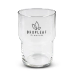 A clear glass tumbler featuring a logo, designed with a stackable shape, holds 460ml.