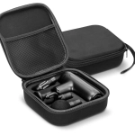 A black handheld massager and attachments stored in a black zippered case. The case features a mesh pocket.
