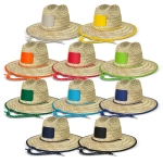A collection of straw hats in various colours, featuring a decorative band and an empty patch for branding.