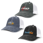 Three Faded Trucker Caps in grey, blue, and black with various logos on the front.
