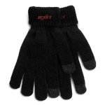 A pair of black gloves featuring a textured finish and a logo on the cuff.