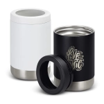 A drink bottle cooler in white and black, featuring a stainless steel base and a removable black ring.